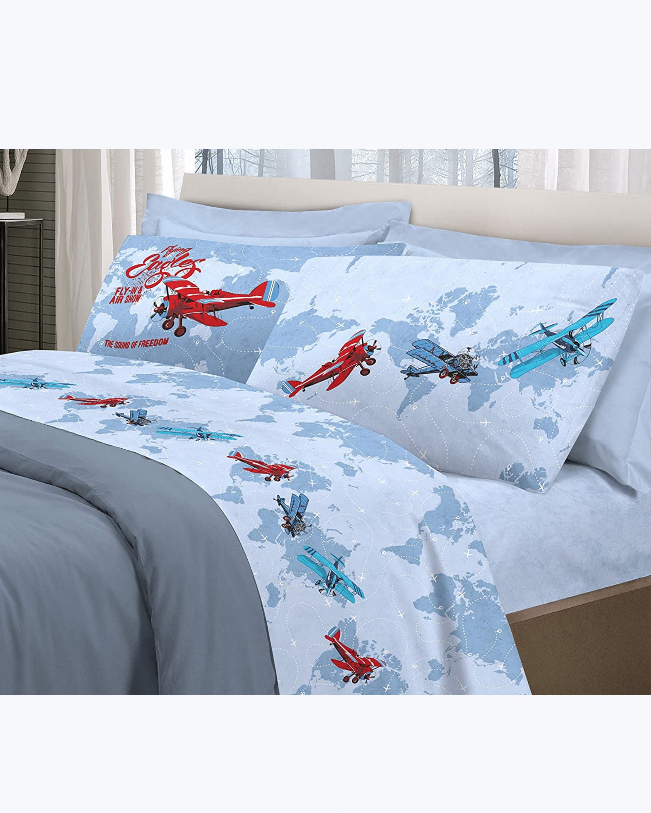 Set Lenzuola Letto in Cotone Made in Italy - Completo Letto Stampa Aeroplani