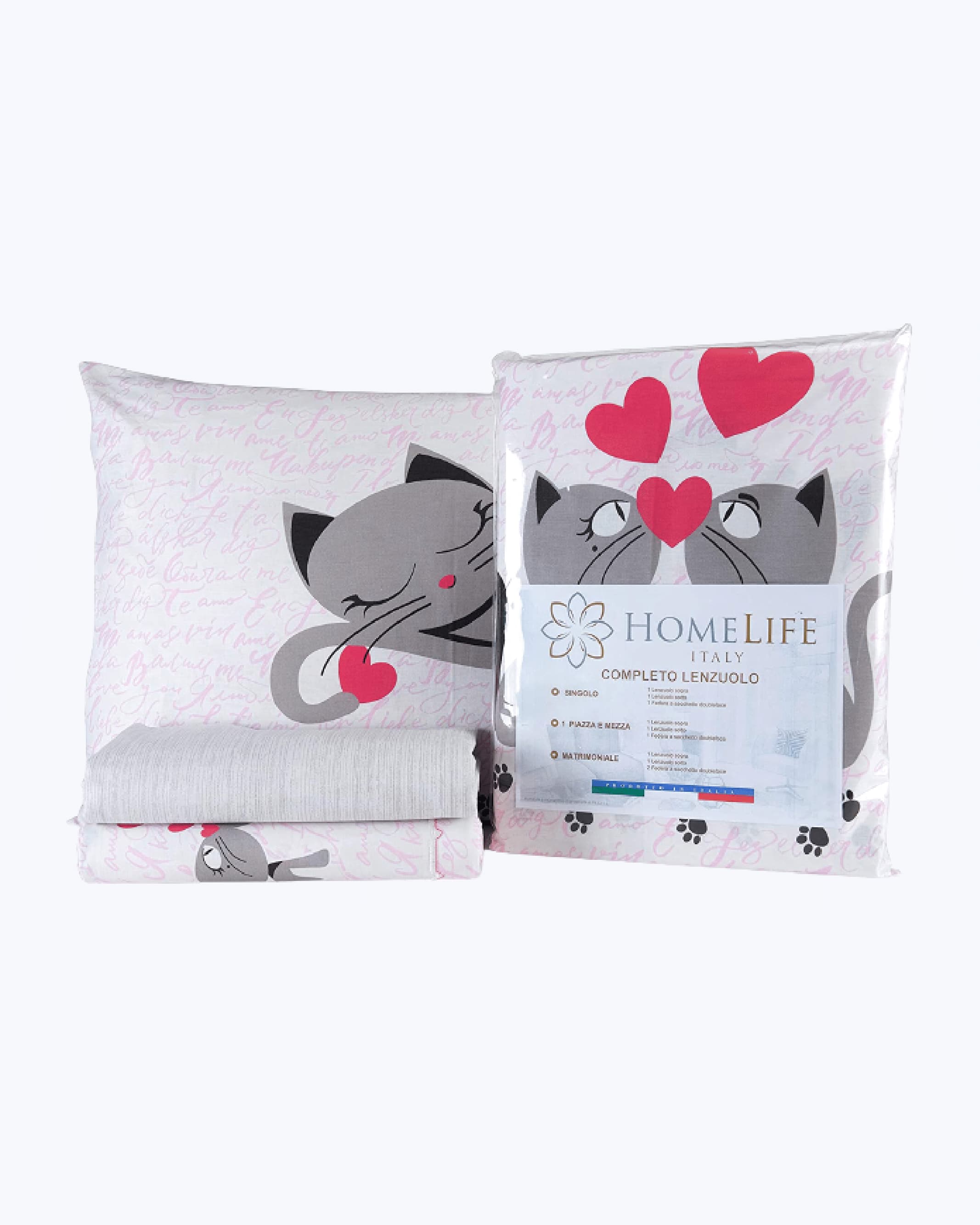 Set Lenzuola Letto in Cotone Made in Italy - Completo Letto Stampa Gattini