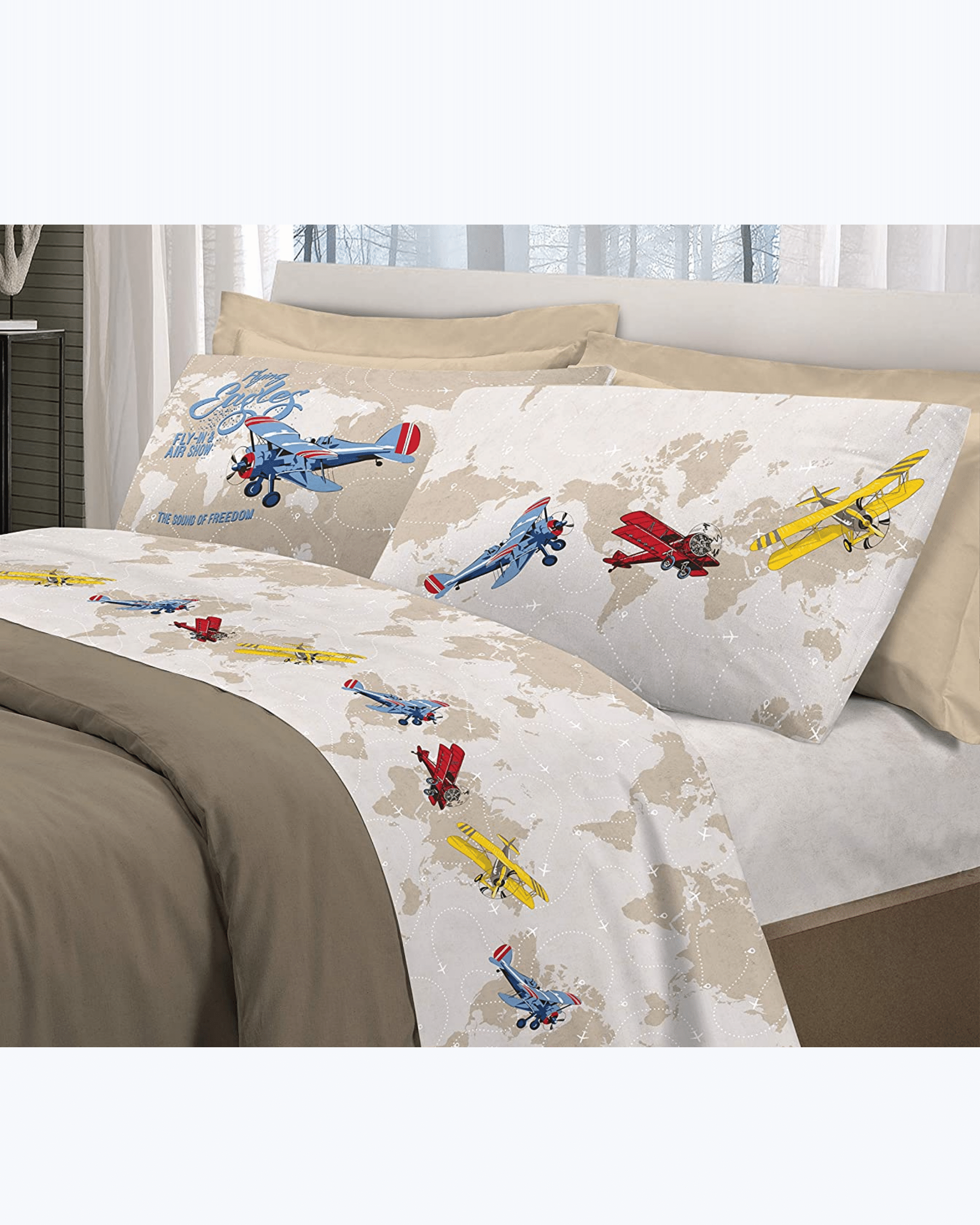 Set Lenzuola Letto in Cotone Made in Italy - Completo Letto Stampa Aeroplani Multicolore