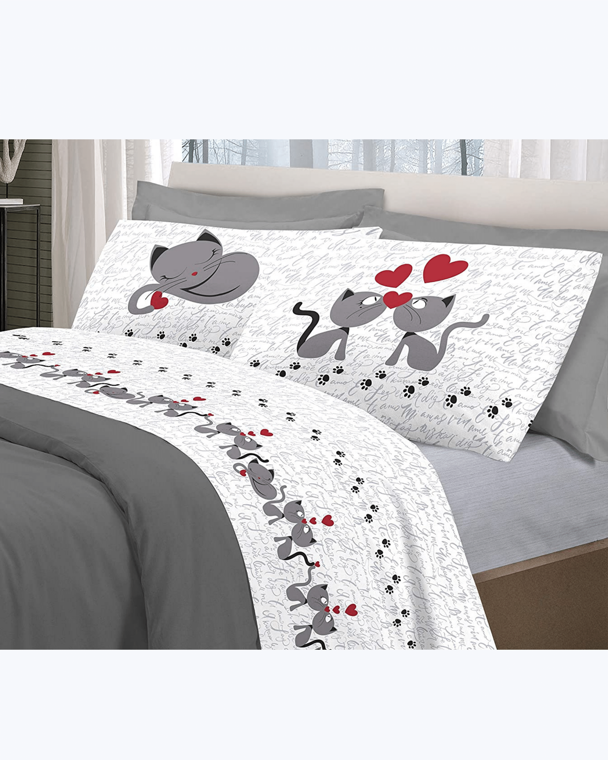 Set Lenzuola Letto in Cotone Made in Italy - Completo Letto Stampa Gattini Grigio