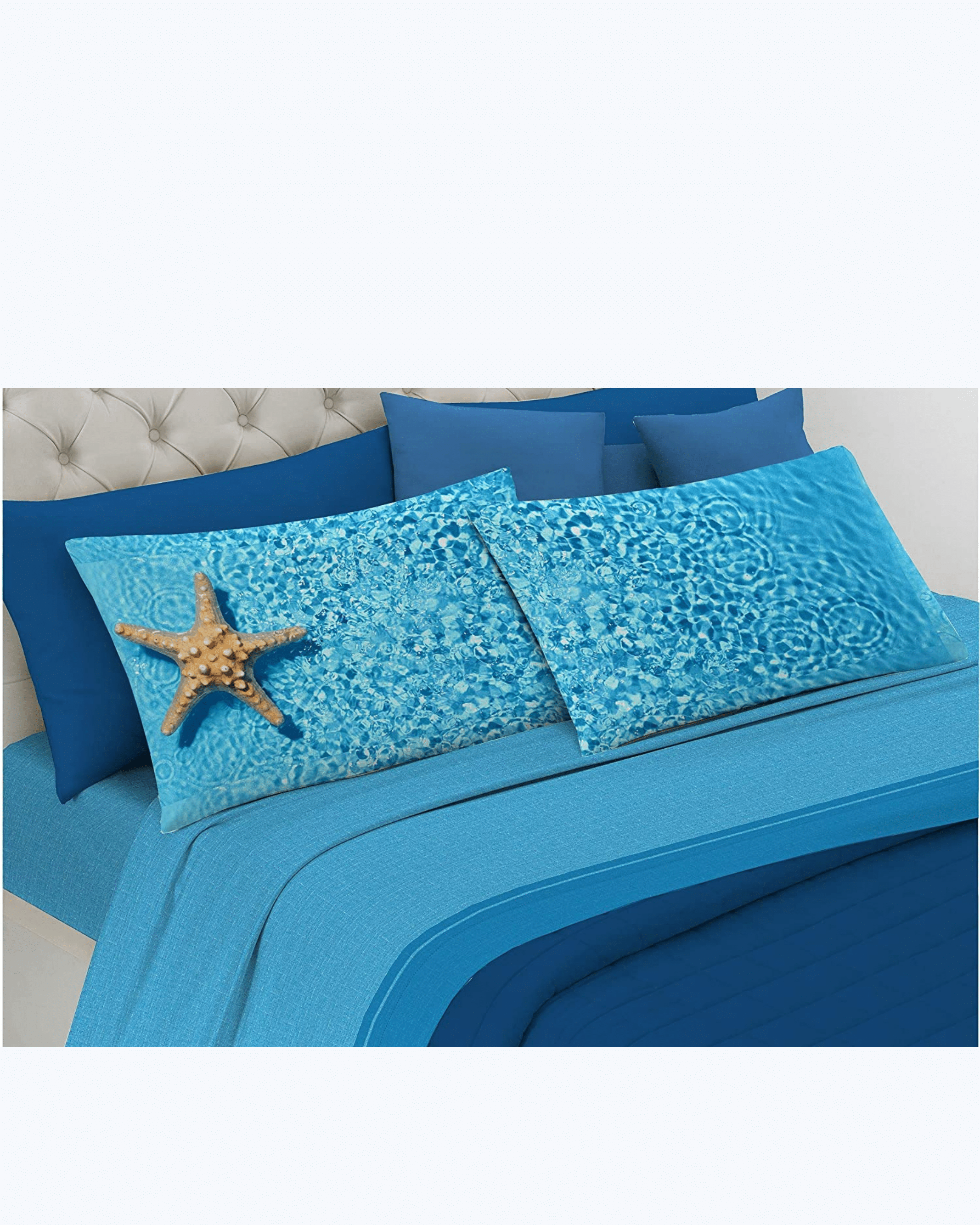Set Lenzuola Letto Matrimoniale Made in Italy - Fantasia Spiaggia Azzurro - Acqua Di Mare