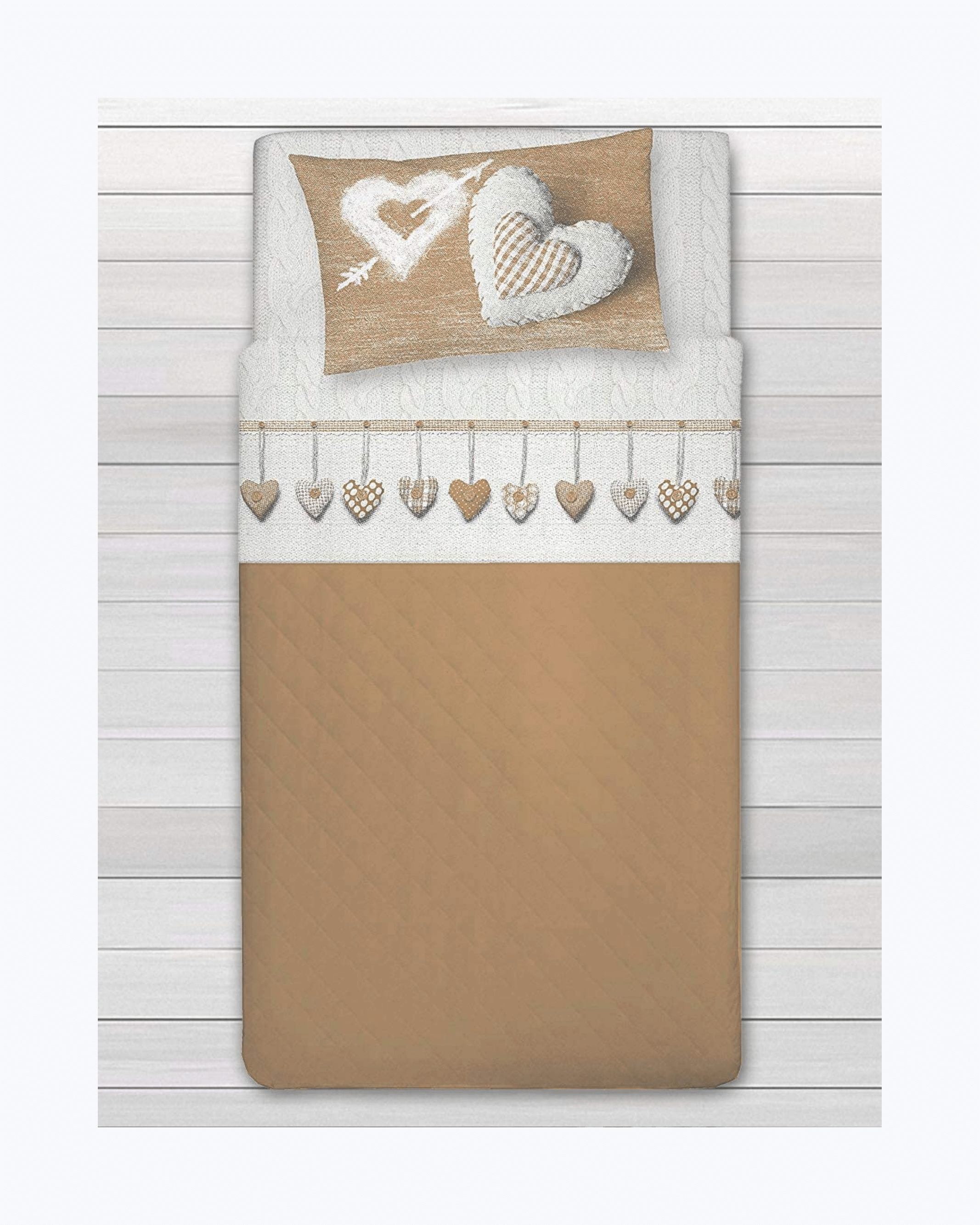 Set Lenzuola Letto in Cotone Made in Italy - Completo Letto Stampa Cuori Appesi Couri Beige