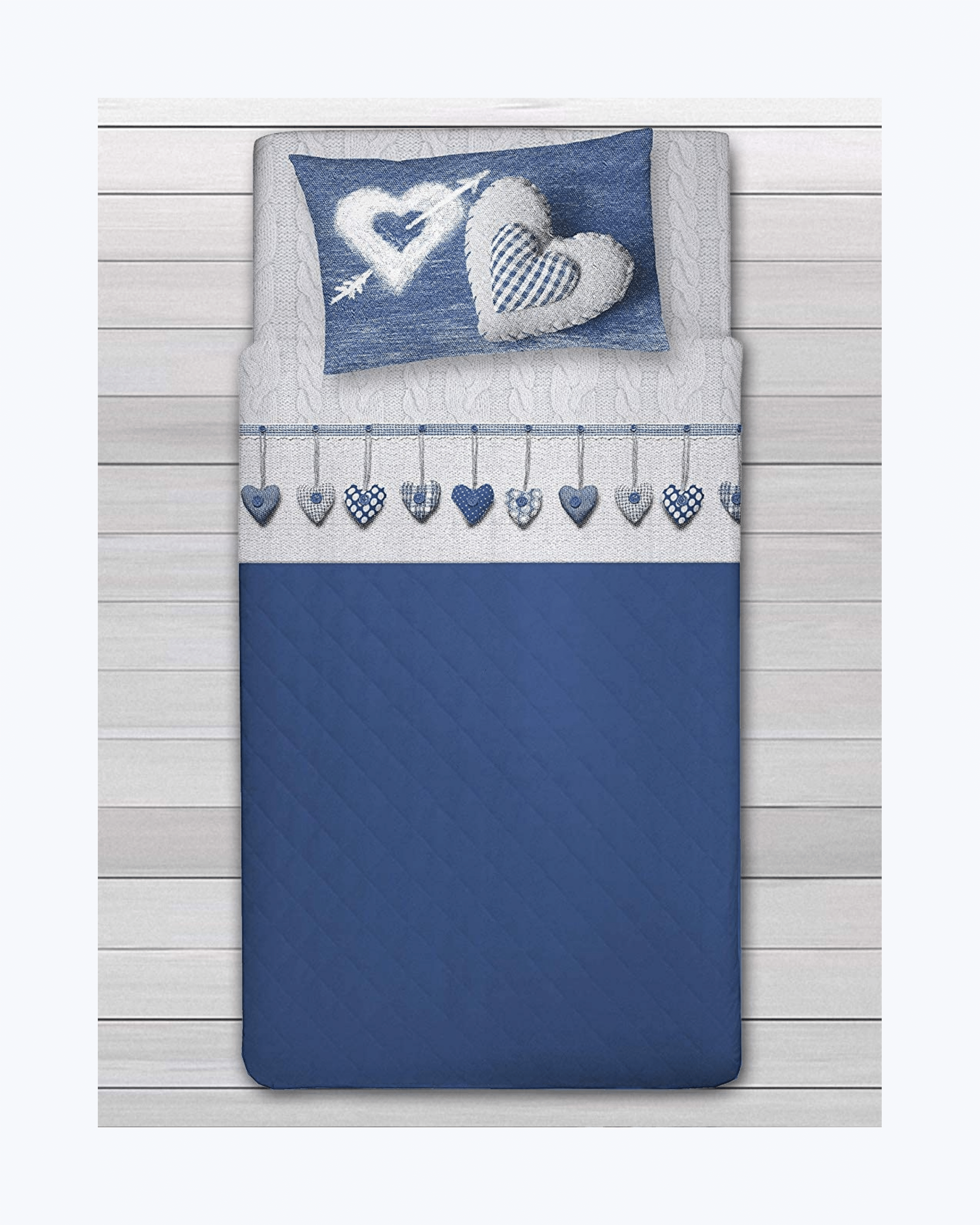 Set Lenzuola Letto in Cotone Made in Italy - Completo Letto Stampa Cuori Appesi Couri Blu