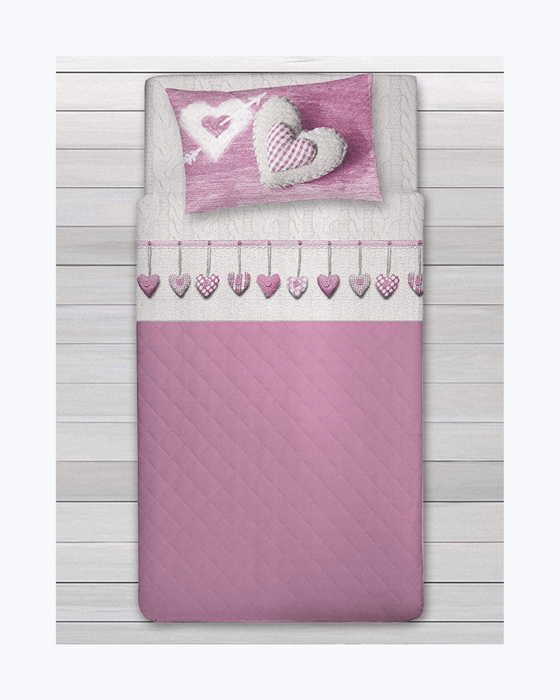 Set Lenzuola Letto in Cotone Made in Italy - Completo Letto Stampa Cuori Appesi Couri Rosa
