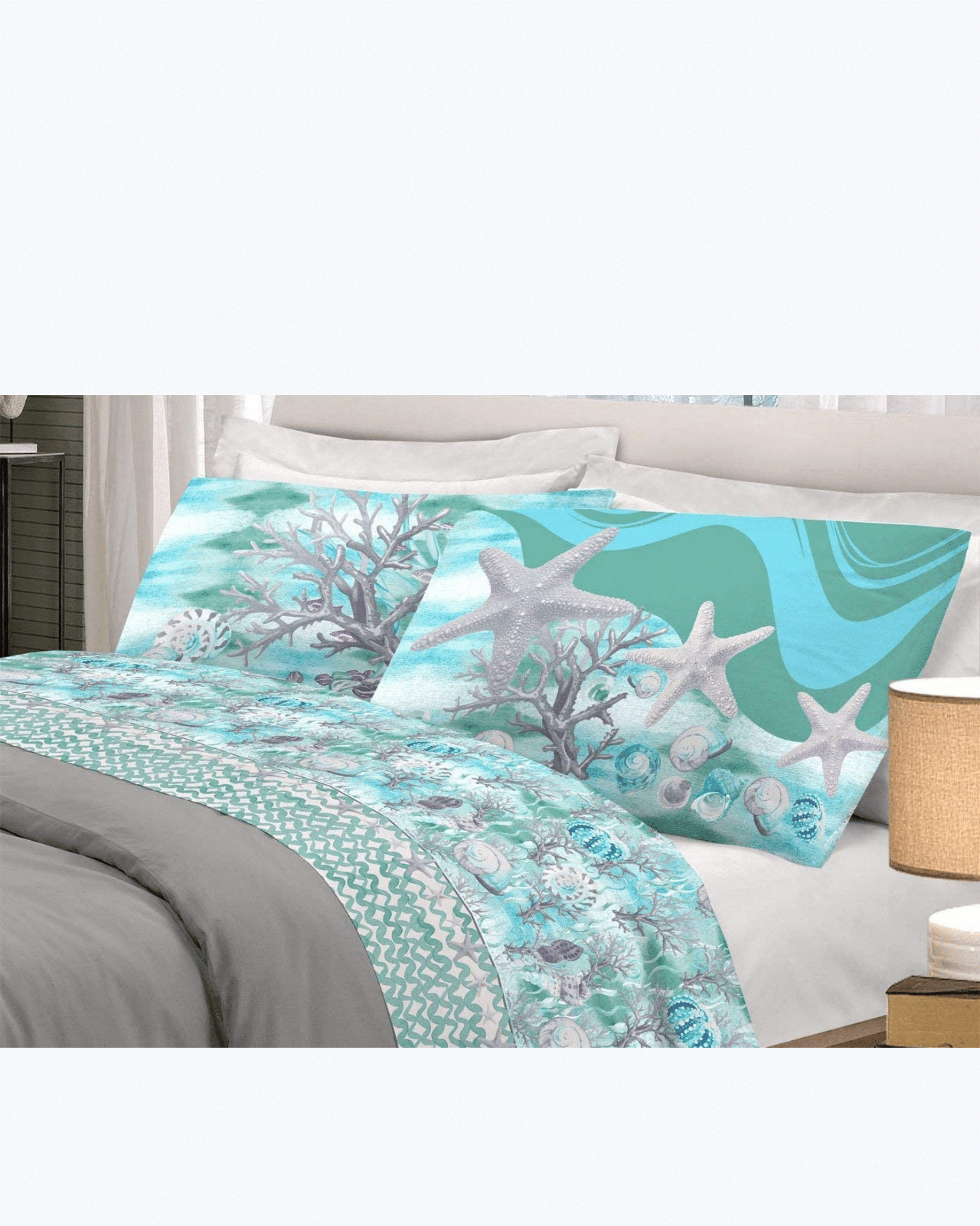 Set Lenzuola Letto in Cotone Made in Italy - Completo Letto Fantasia Marina Verde