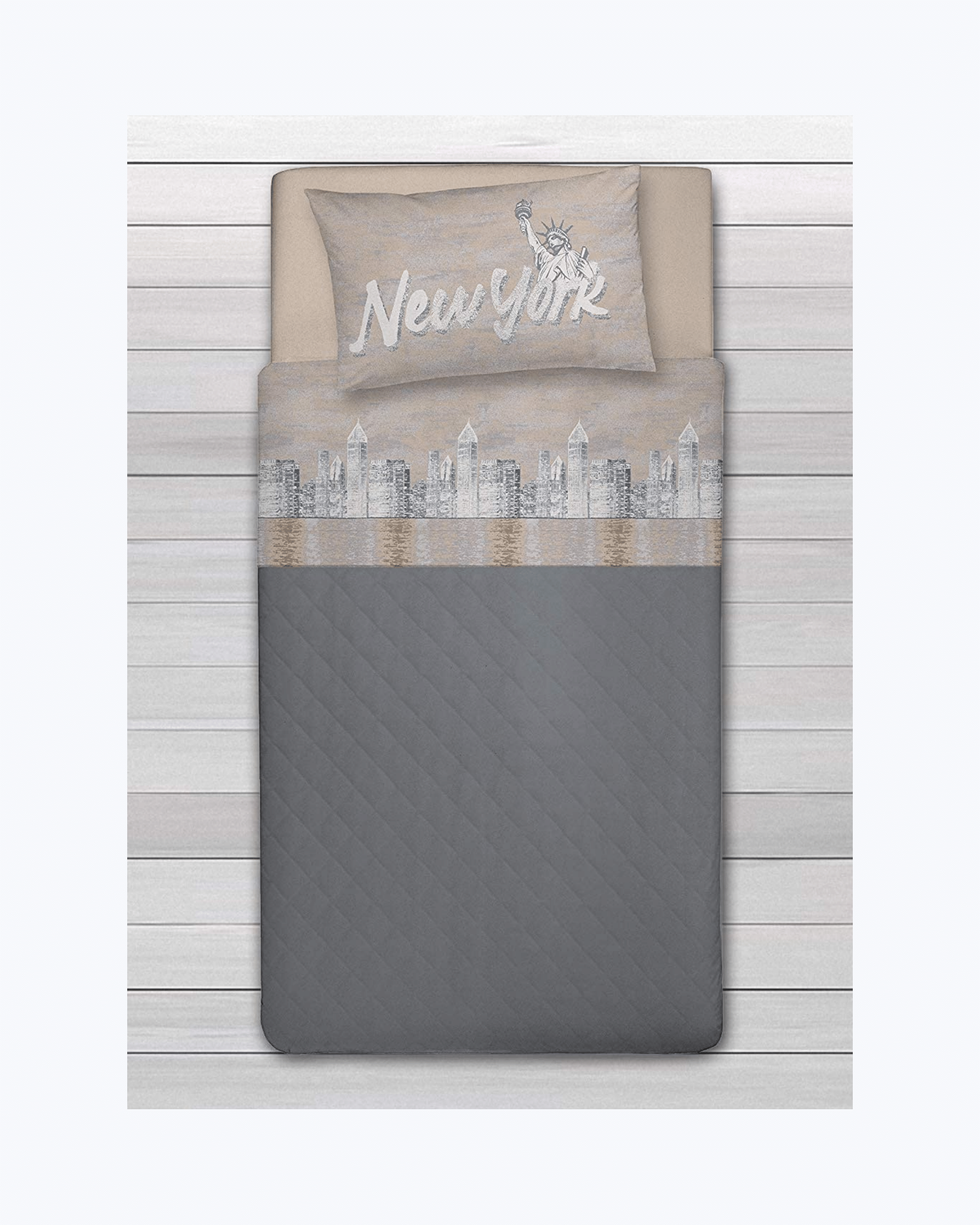 Set Lenzuola Letto in Cotone Made in Italy - Completo Letto Stampa New York Beige E Grigio