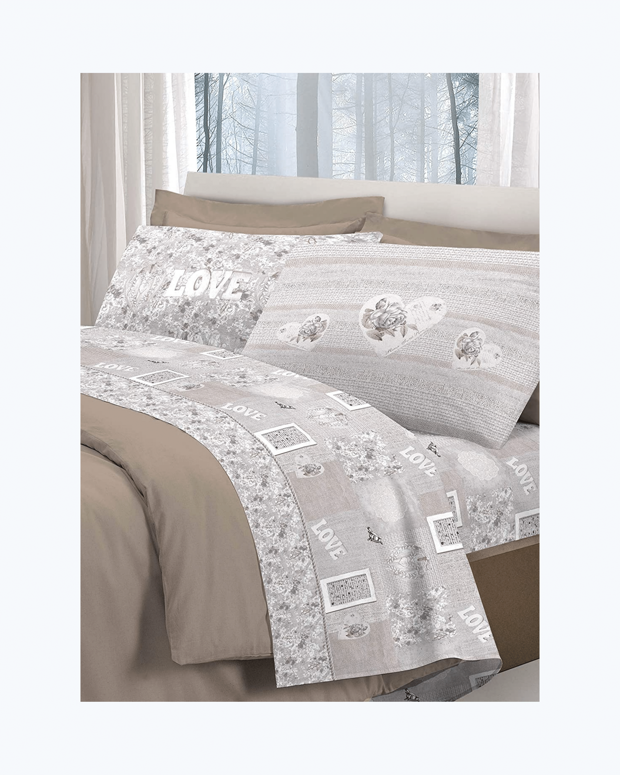 Set Lenzuola Letto in Cotone Made in Italy - Completo Letto Stampa Cuori Grigio