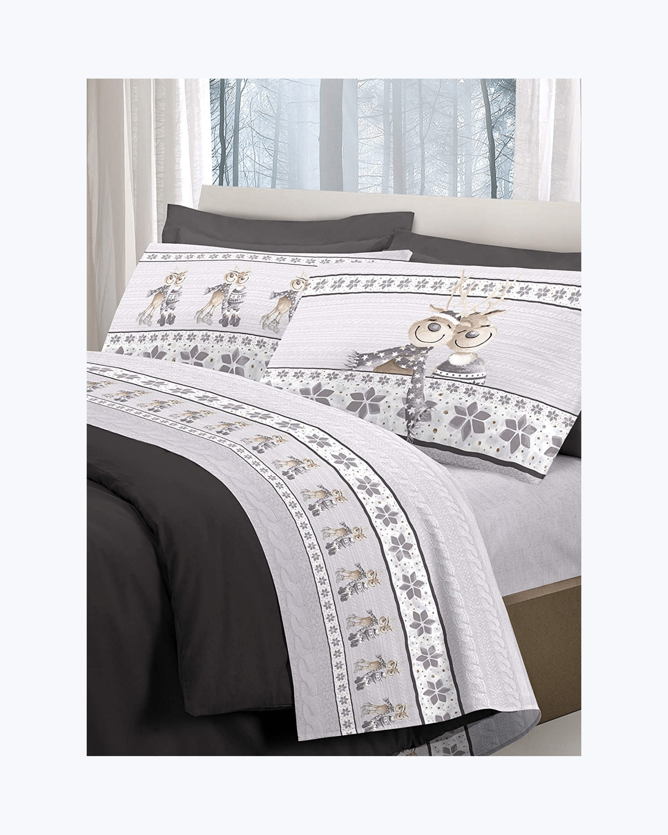 Set Lenzuola Letto in Cotone Made in Italy - Completo Letto Stampa Renna Grigio