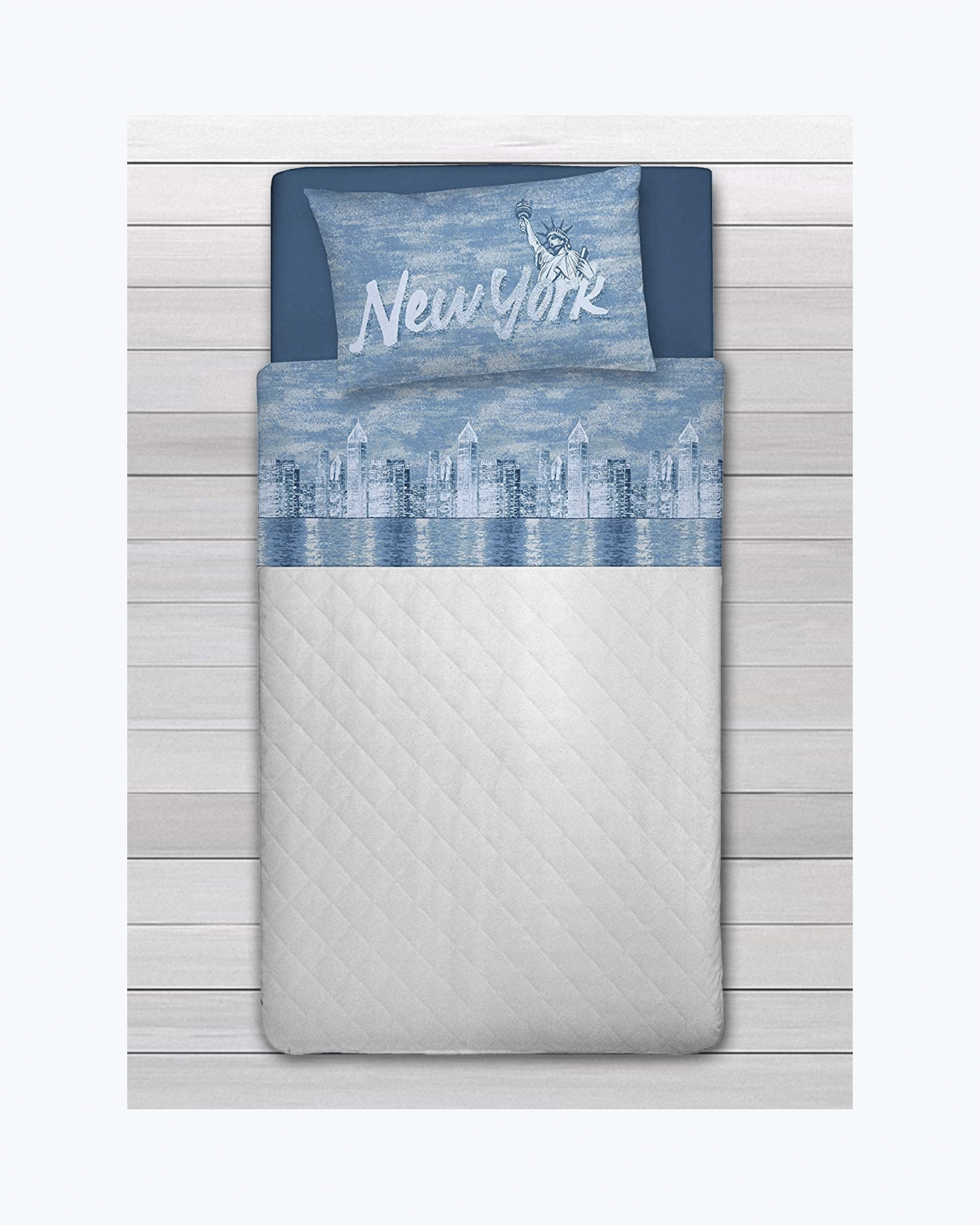 Set Lenzuola Letto in Cotone Made in Italy - Completo Letto Stampa New York Blu