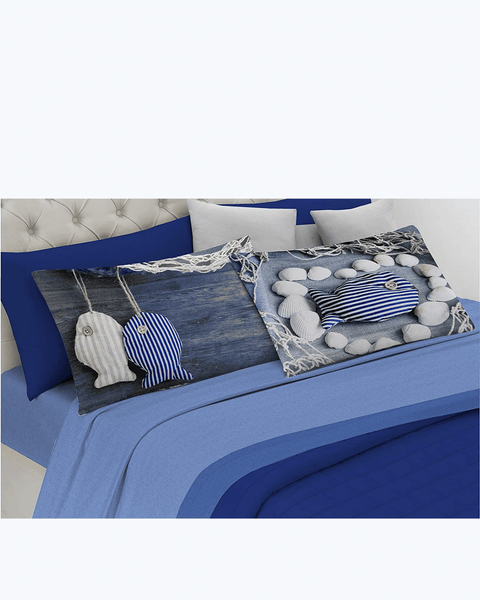Letto Completo 8 Pezzi Matrimoniale A Tema Oceano - Blu Con Tartarughe E Cavallucci Marini - 3