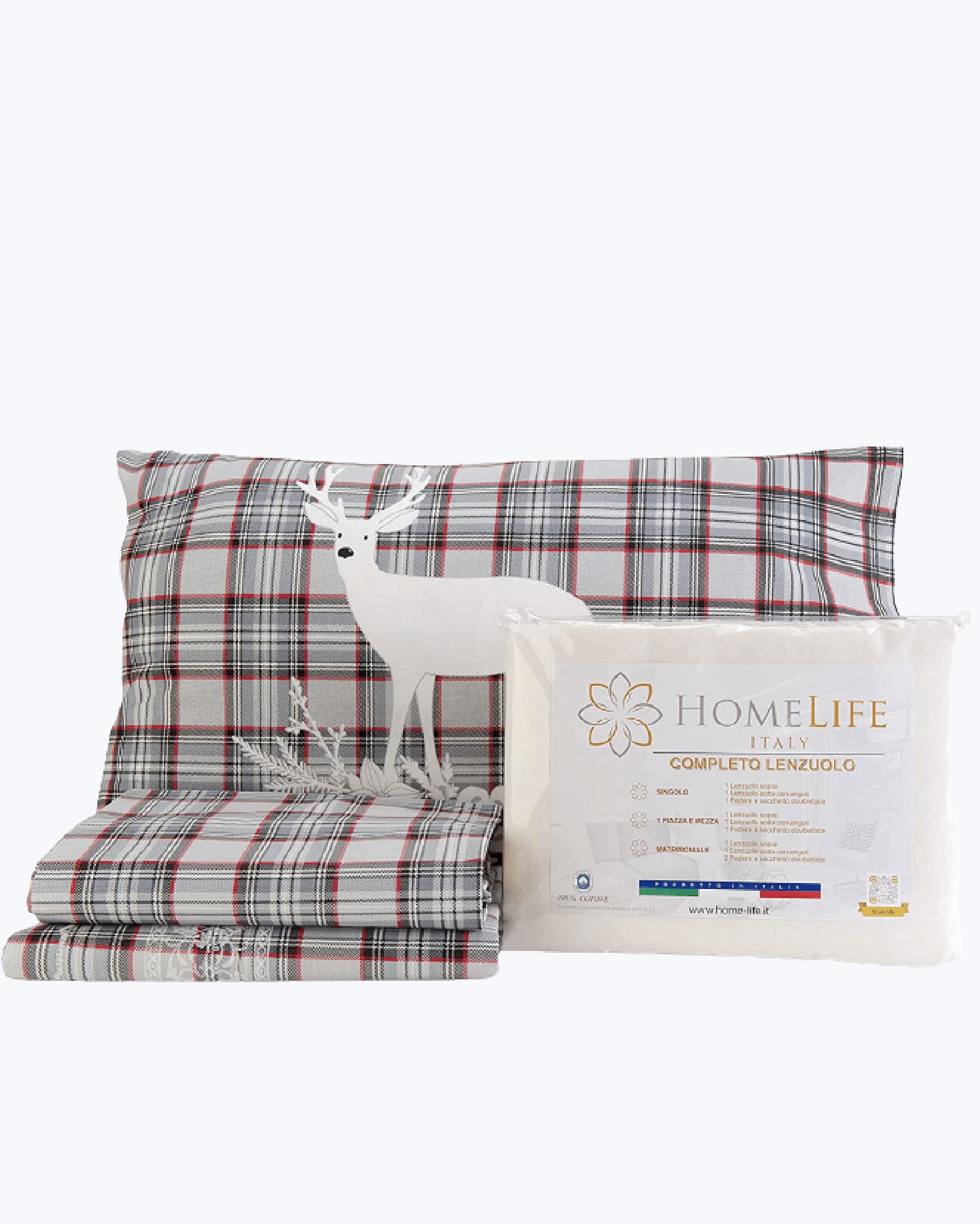 Set Lenzuola Letto in Cotone Made in Italy - Completo Letto Tartan con Cervi Cervi Grigio