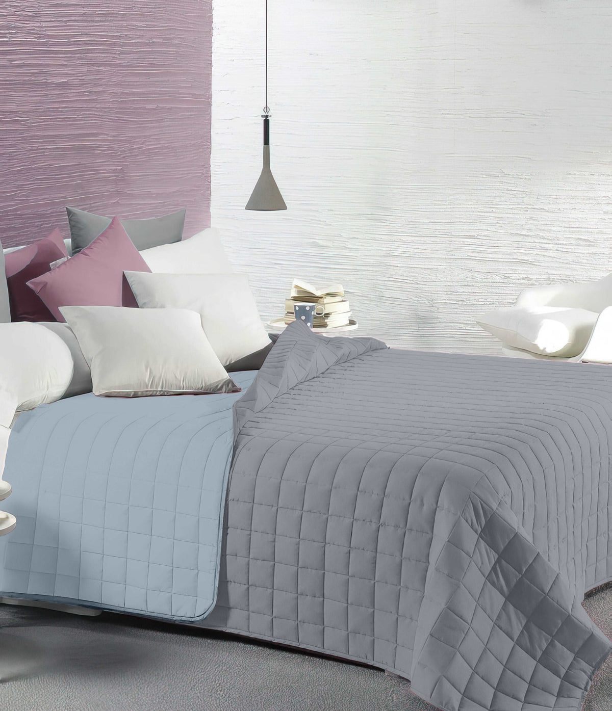Copriletto Primaverile Trapuntato Reversibile 100 Grammi Grigio Scuro Grigio Chiaro