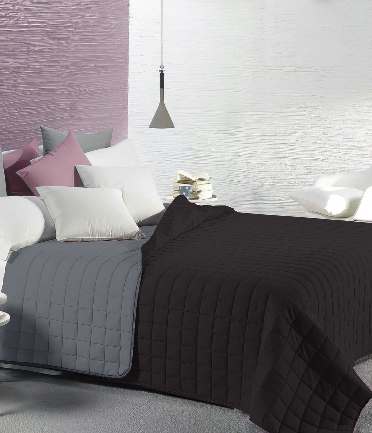 Copriletto Primaverile Trapuntato Reversibile 100 Grammi Nero Grigio
