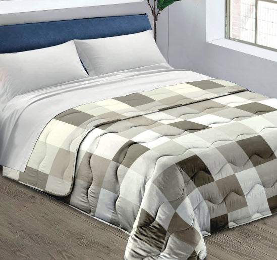 Piumone Invernale Made in Italy - Trapunta Invernale Fantasia Quadri Beige e Grigio