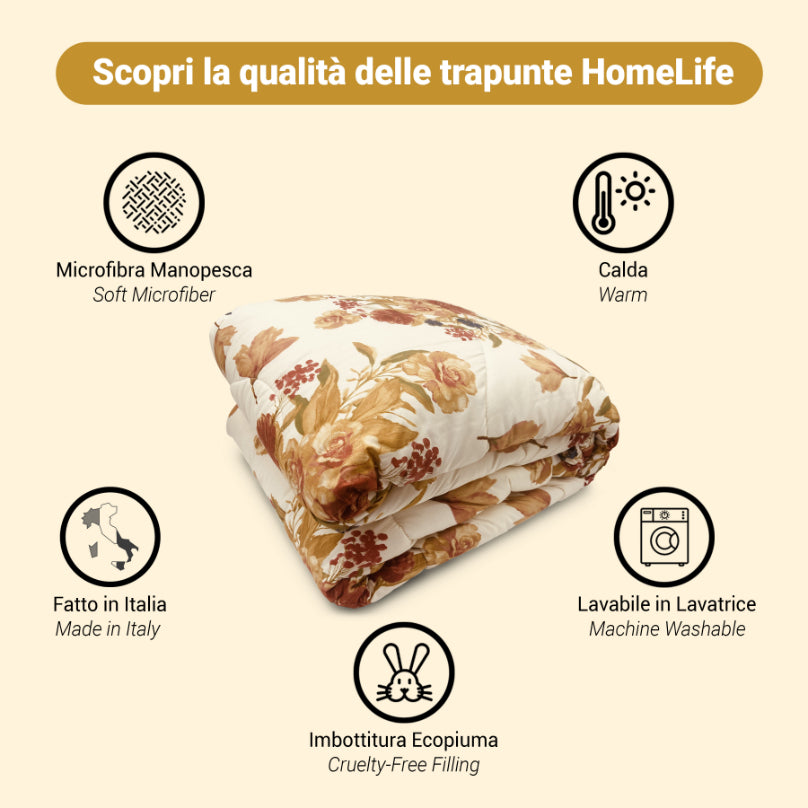 Piumone Invernale Made in Italy - Trapunta Invernale Fantasia Fiori Rossi