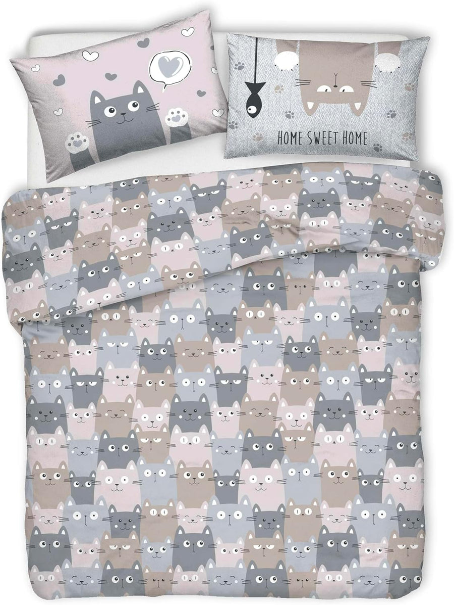 Parure Copripiumino Matrimoniale e Singolo 100% Cotone | Happy Cats Grigio