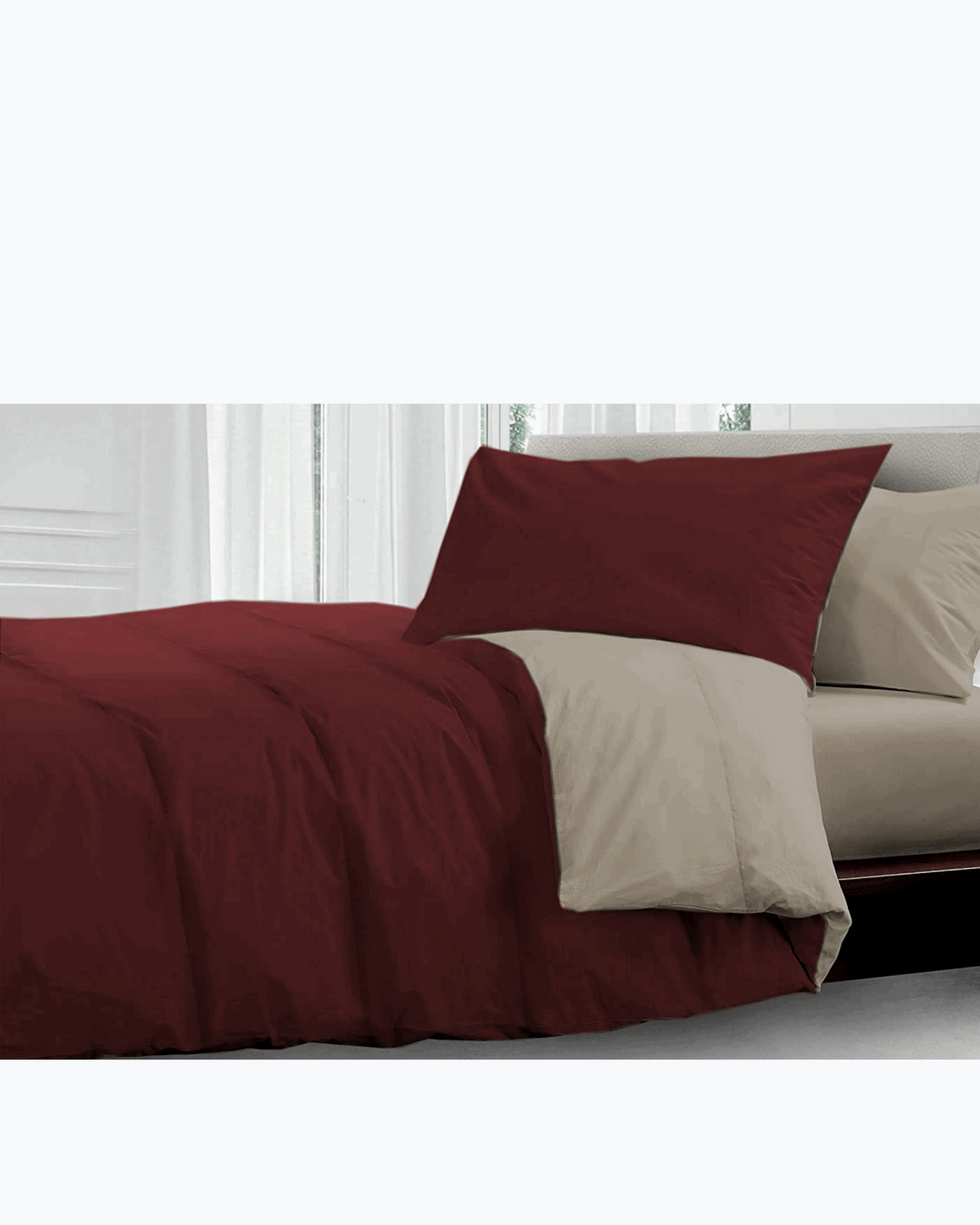 Copriletto Singolo Trapuntato Reversibile - Fantasia Tinta Unita Bordeaux Beige