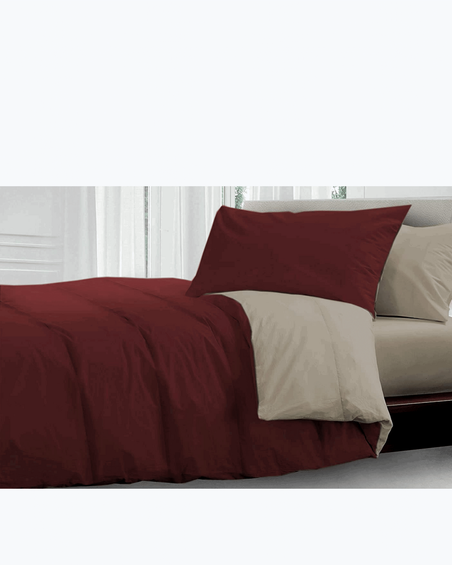 Copriletto Singolo Trapuntato Reversibile - Fantasia Tinta Unita Bordeaux Beige