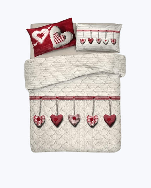 Copripiumino Letto Matrimoniale HomeLife Made In Italy - Cotone Traspirante, Con Due Federe, Design Cuori Appesi Beige, Qualità Italiana