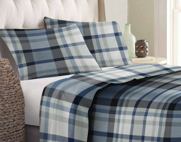Set lenzuola in Flanella con Trattamento Antipilling - Tartan Denim Matrimoniale