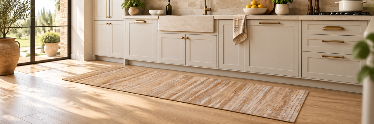 Tappeto cucina CosìCasa in bambù beige in una cucina luminosa