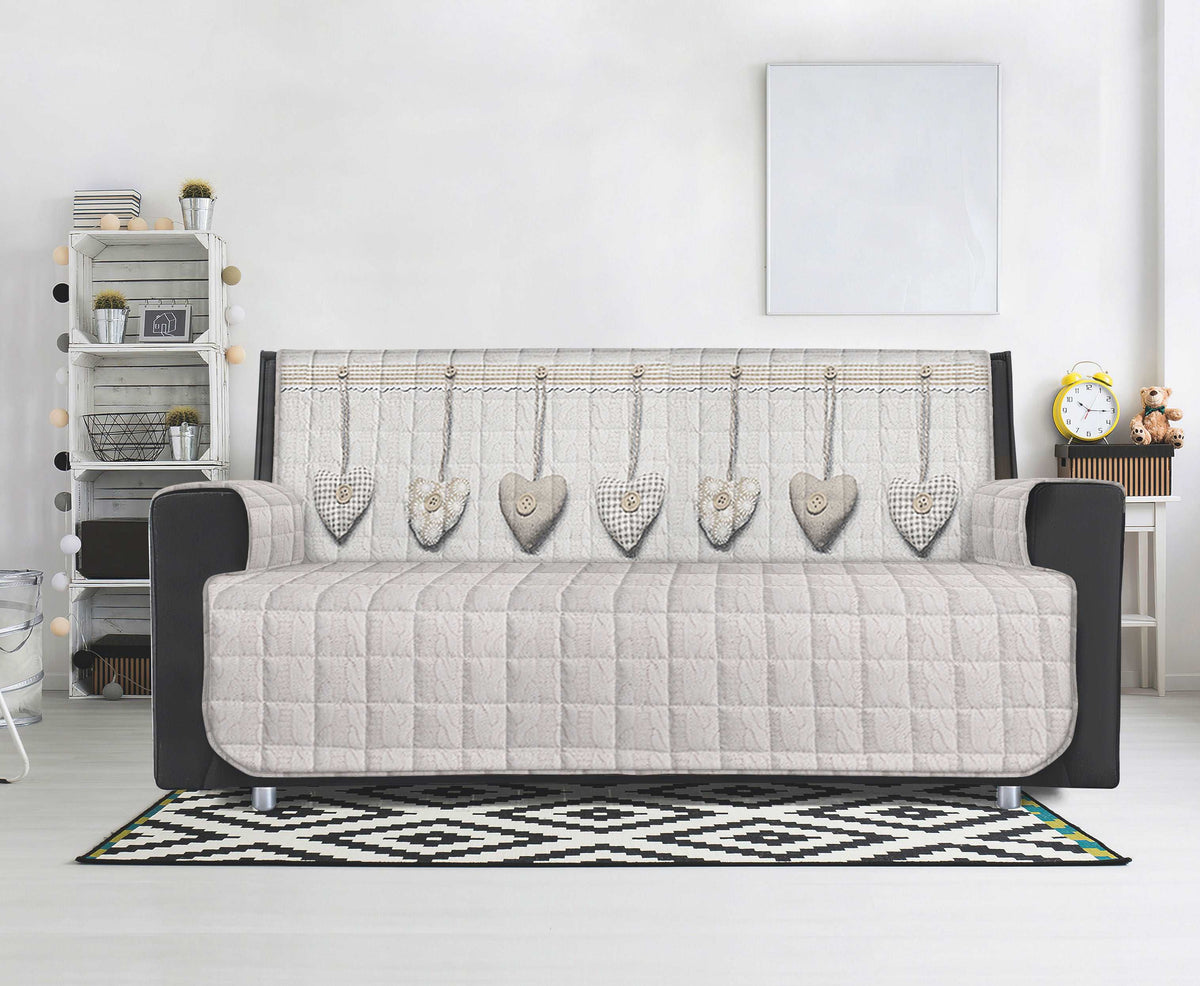 Copridivano Trapuntato in Cotone con Retro Antiscivolo | Fantasia Cuori Appesi Beige