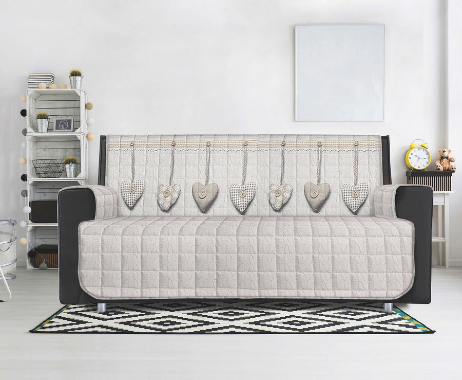 Copridivano Trapuntato in Cotone con Retro Antiscivolo | Fantasia Cuori Appesi Beige