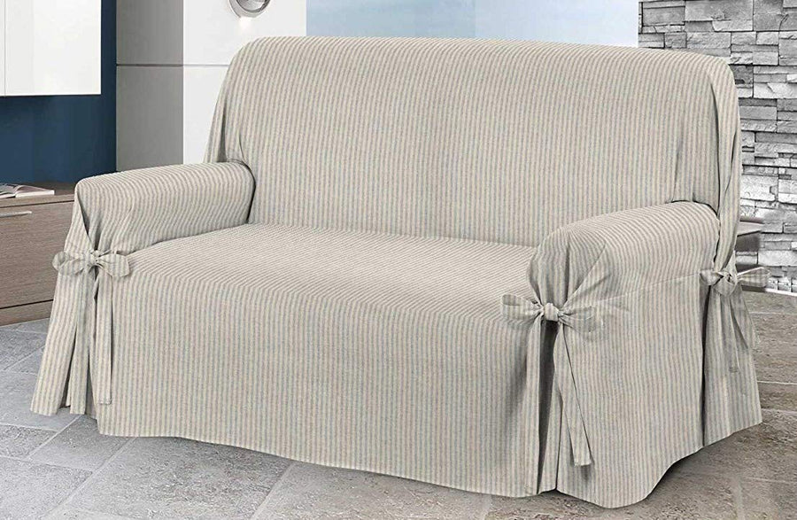 Copripoltrona / Copridivano con Lacci in Cotone | Righe Sottili Beige