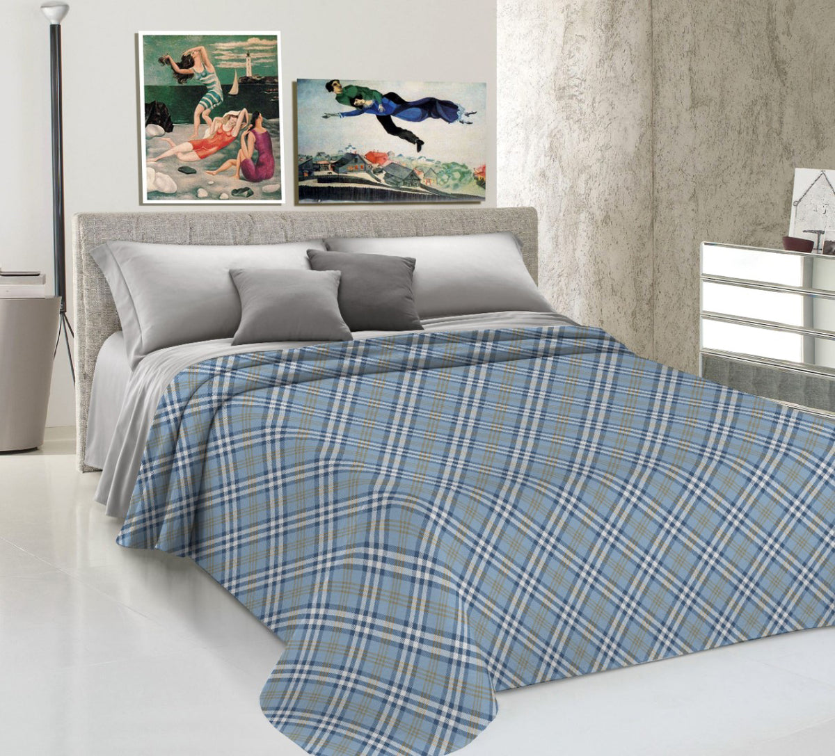 Lenzuolo Copriletto Estivo in Cotone Piquet - Fantasia Tartan Azzurro