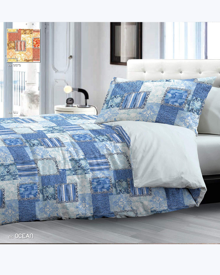 Set Lenzuola in Cotone / Completo Letto Fantasia Patchwork Blu 2 PIAZZE