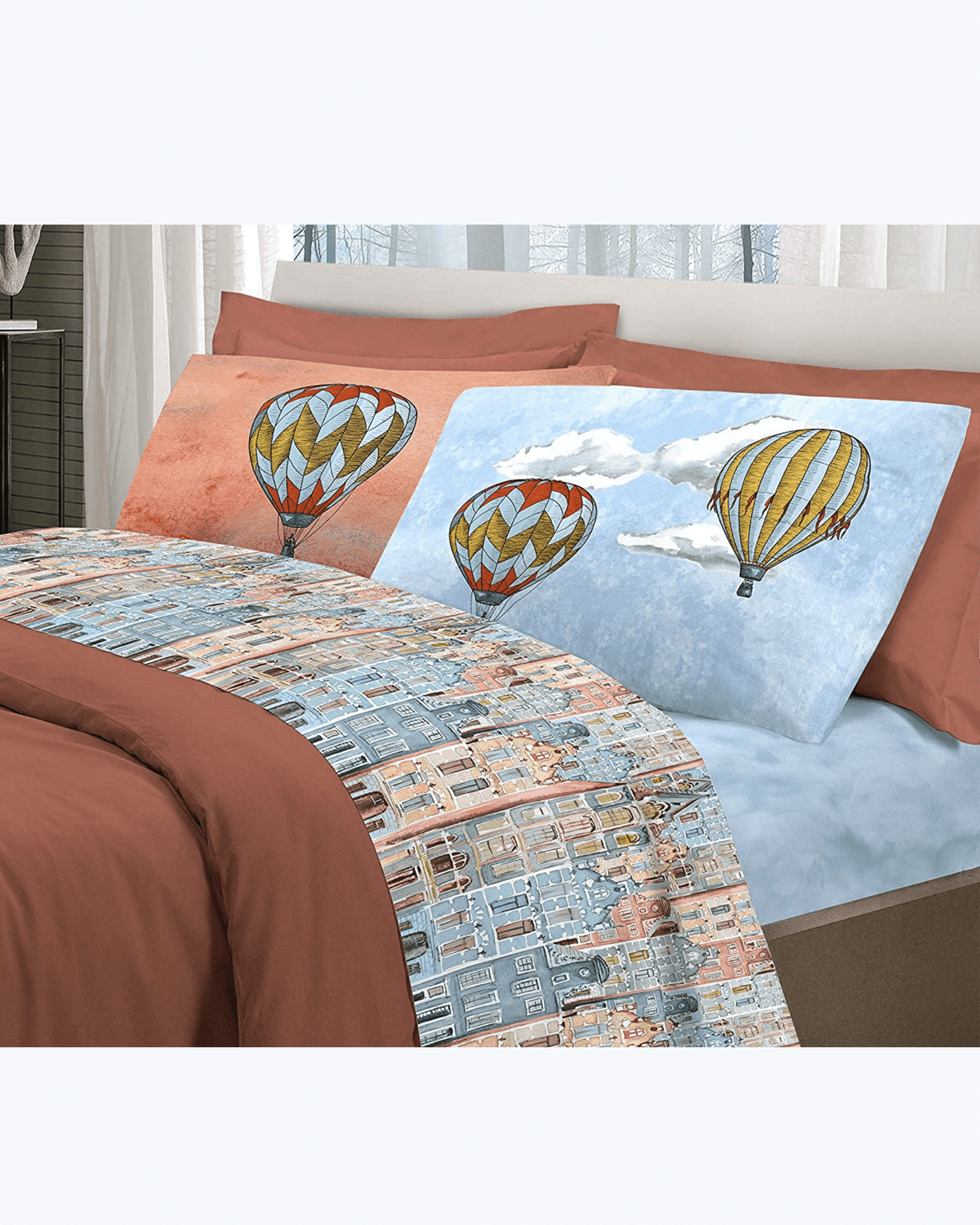 Set Lenzuola Letto in Cotone Made in Italy - Completo Letto Stampa Molgolfiere e Citta'