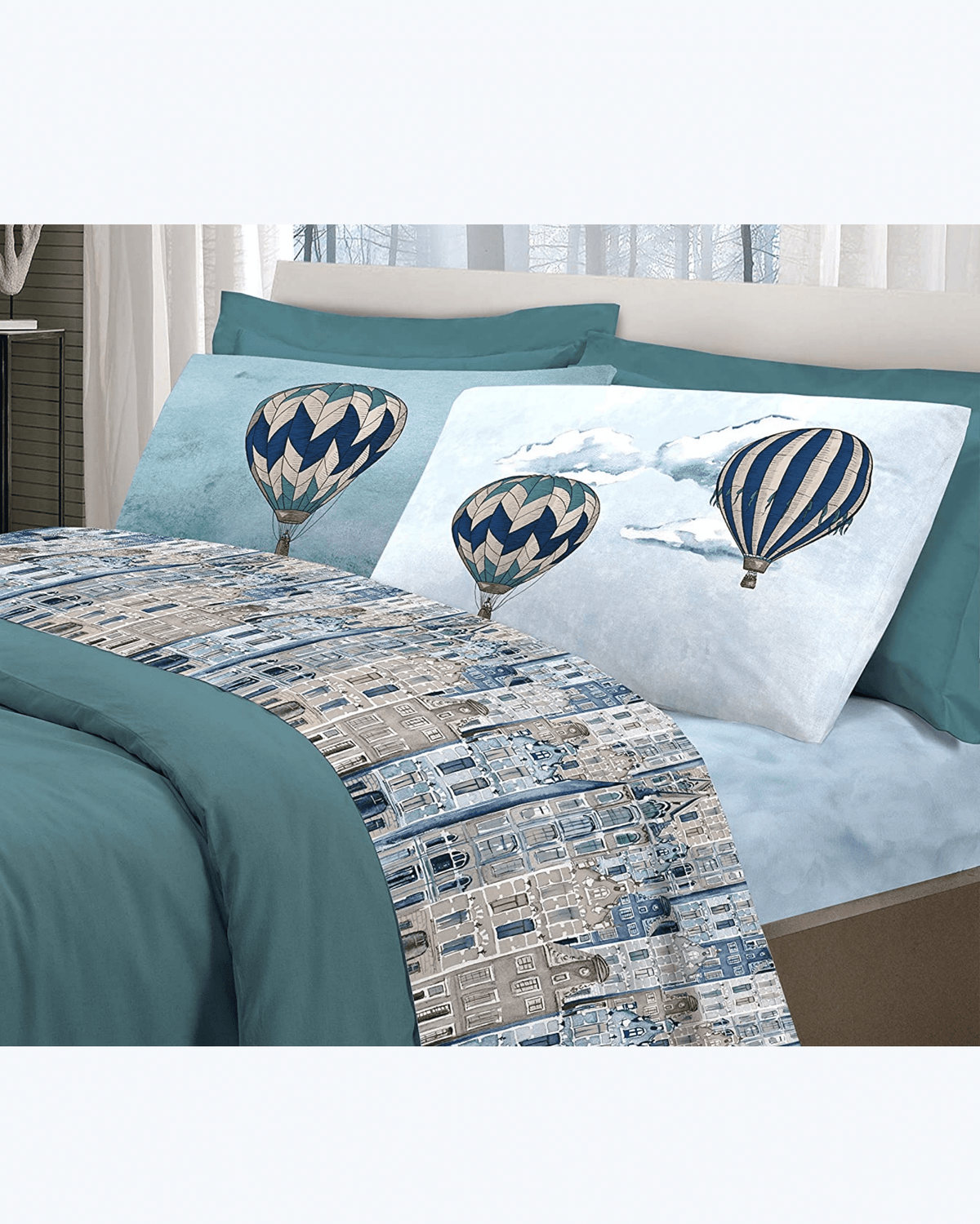 Set Lenzuola Letto in Cotone Made in Italy - Completo Letto Stampa Molgolfiere e Citta'