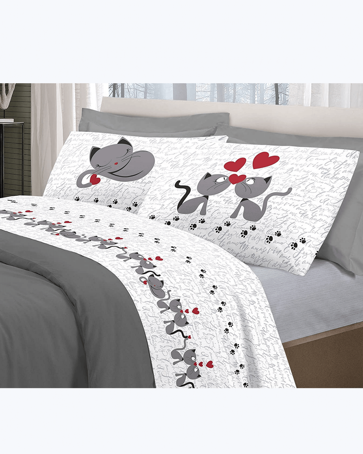 Set Lenzuola Letto in Cotone Made in Italy - Completo Letto Stampa Gattini Grigio