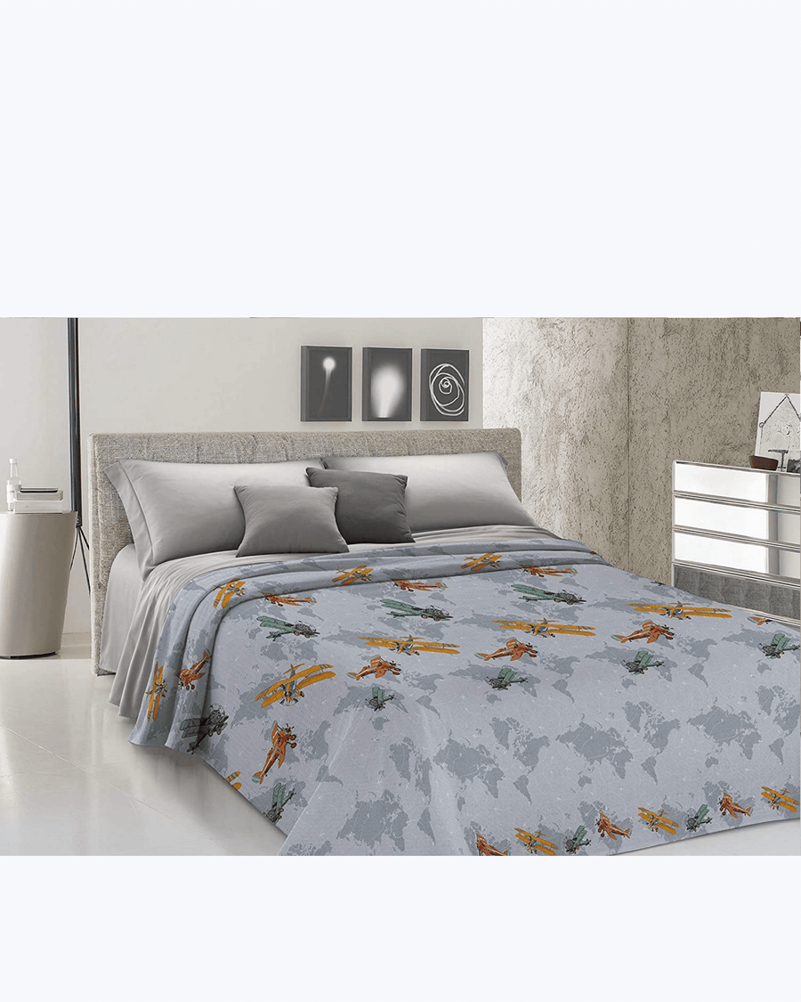 Lenzuolo Copriletto Estivo Cotone Piquet - Fantasia Aerei Grigio