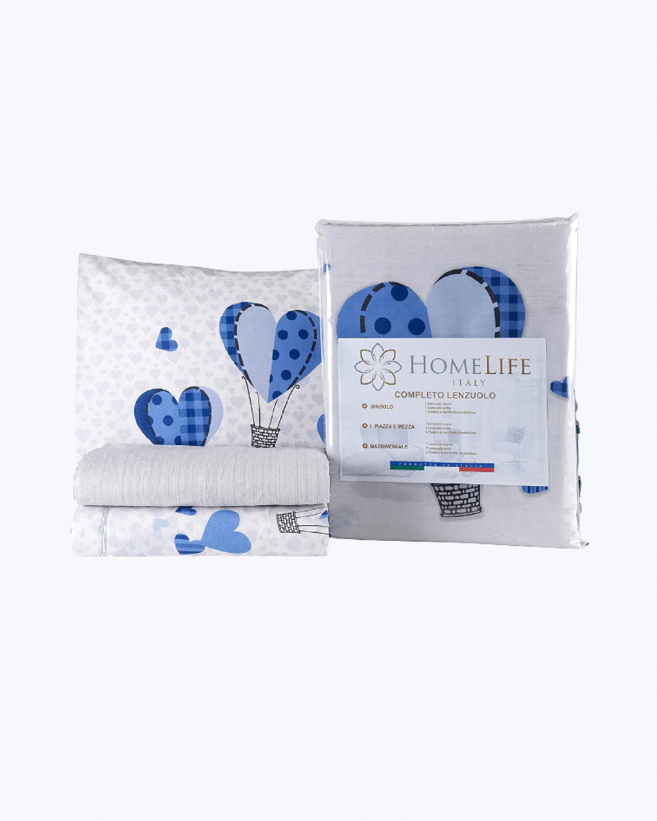Set Lenzuola Letto in Cotone Made in Italy - Completo Letto Stampa Mongolfiere Blu