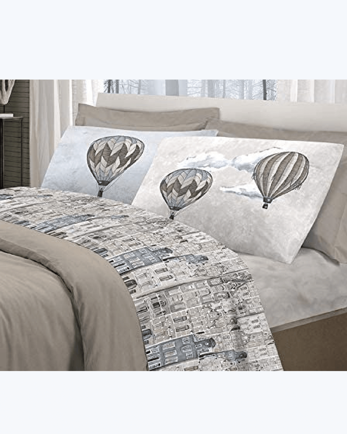 Set Lenzuola Letto in Cotone Made in Italy - Completo Letto Stampa Molgolfiere e Citta'
