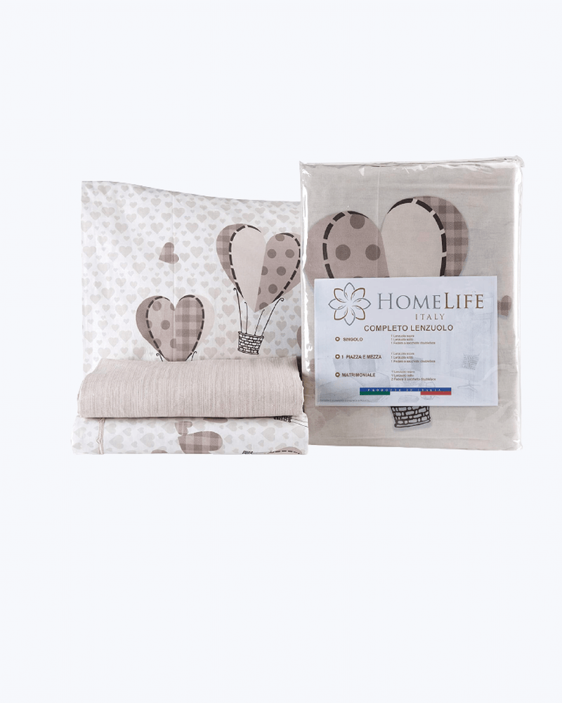 Set Lenzuola Letto in Cotone Made in Italy - Completo Letto Stampa Mongolfiere Beige