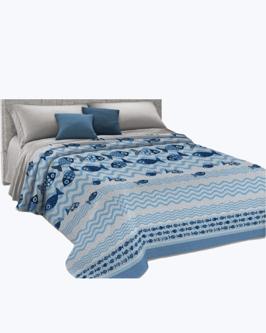 Lenzuolo Copriletto Estivo Cotone Piquet - Fantasia Pesci Blu