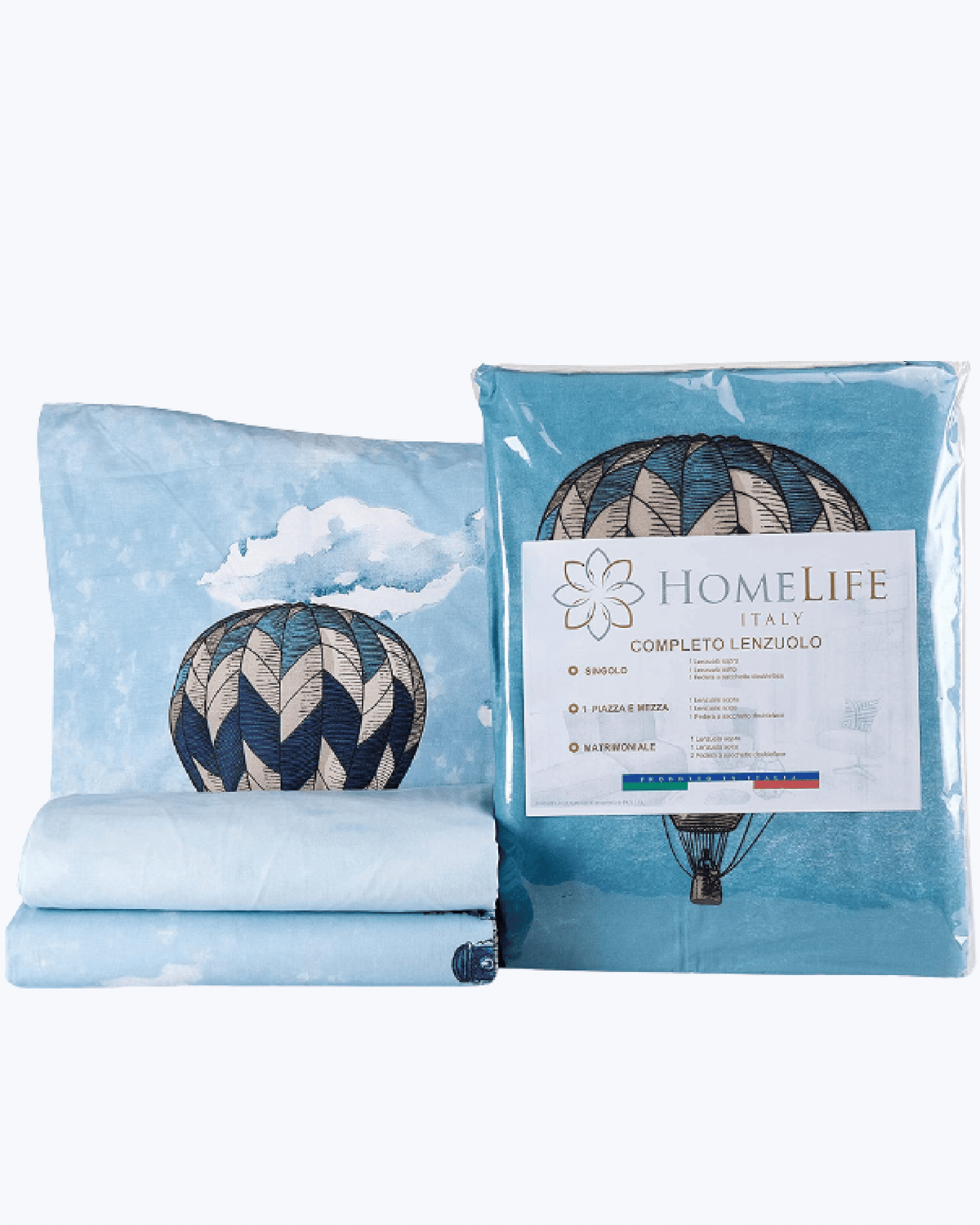 Set Lenzuola Letto in Cotone Made in Italy - Completo Letto Stampa Molgolfiere e Citta' Azzurro