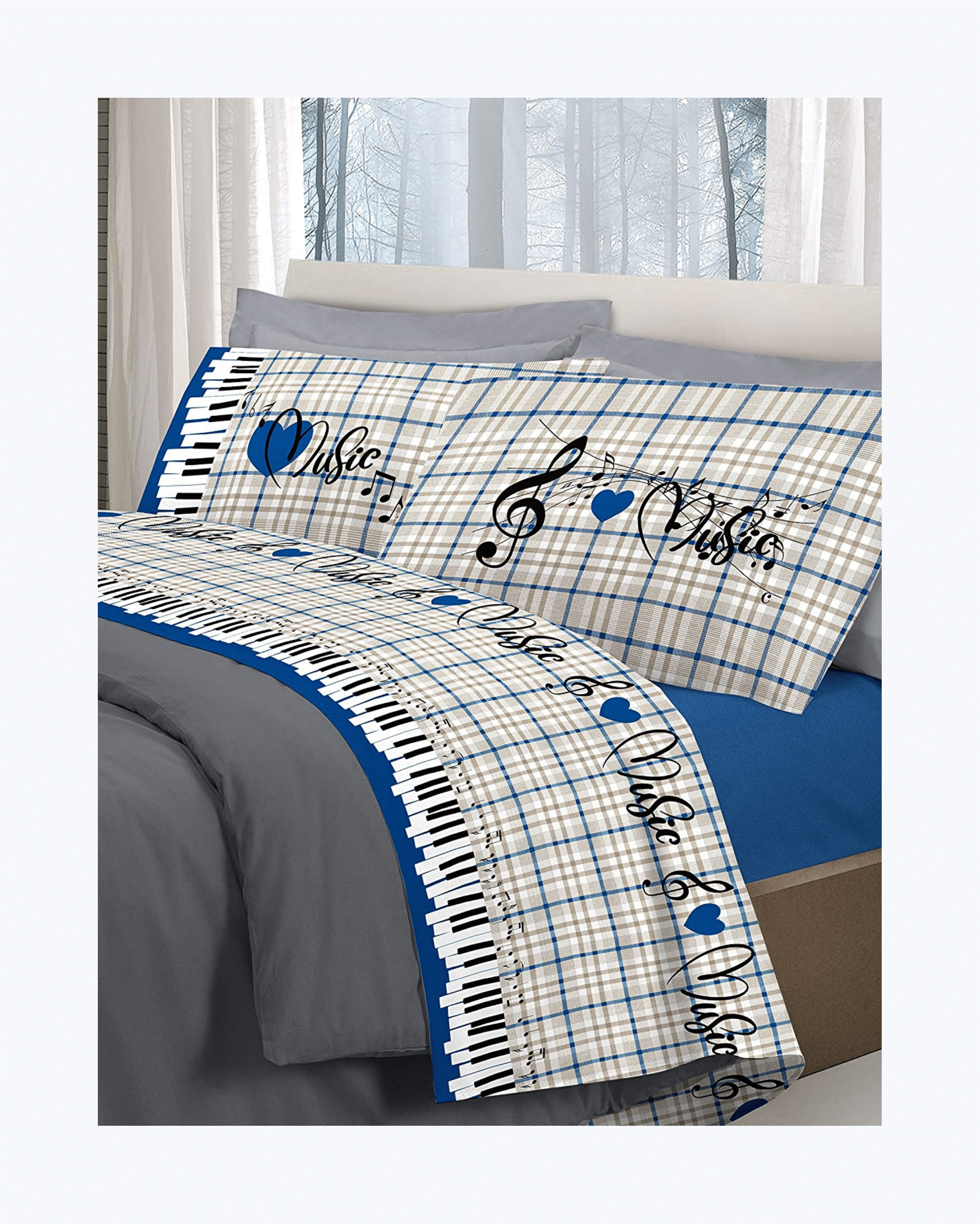 Set Lenzuola Letto in Cotone Made in Italy - Completo Letto Stampa Note Musicali Blu