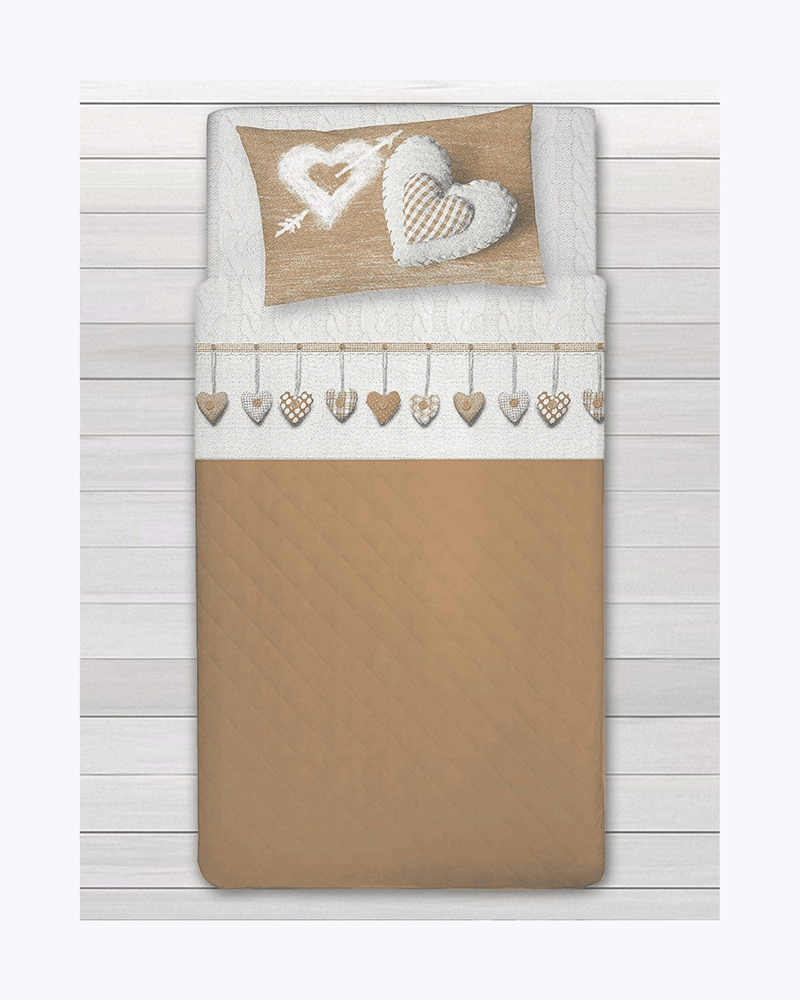Set Lenzuola Letto in Cotone Made in Italy - Completo Letto Stampa Cuori Appesi Couri Beige