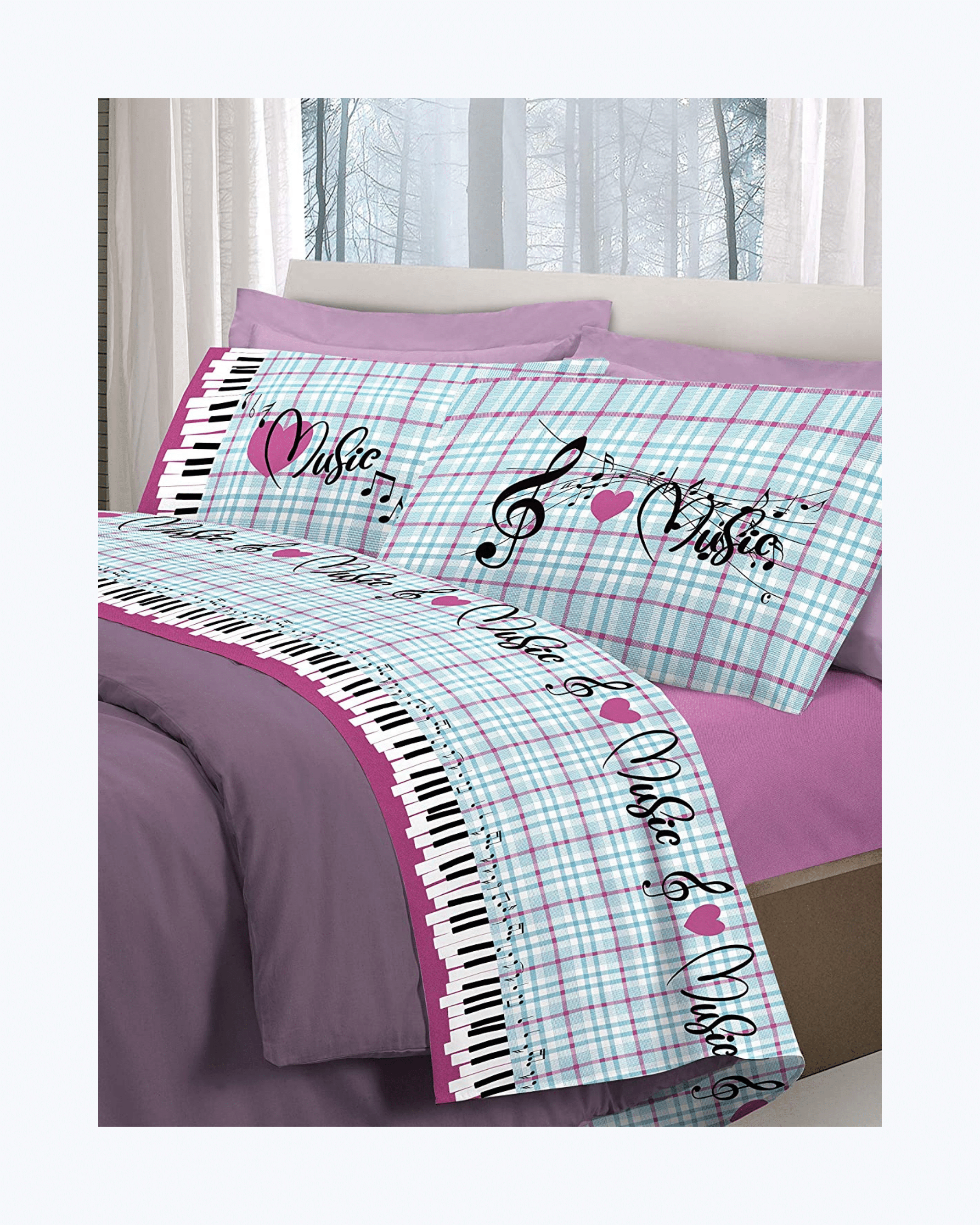 Set Lenzuola Letto in Cotone Made in Italy - Completo Letto Stampa Note Musicali Rosa
