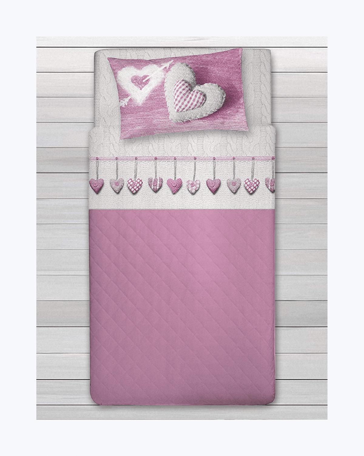 Set Lenzuola Letto in Cotone Made in Italy - Completo Letto Stampa Cuori Appesi Couri Rosa
