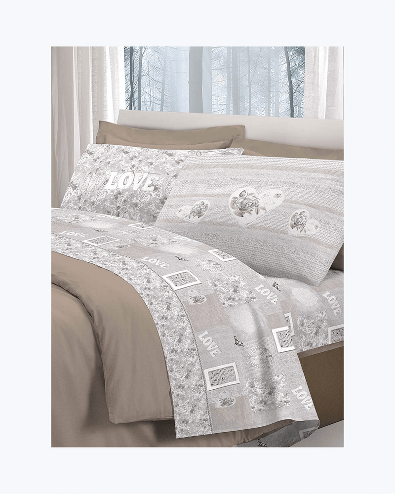 Set Lenzuola Letto in Cotone Made in Italy - Completo Letto Stampa Cuori Grigio