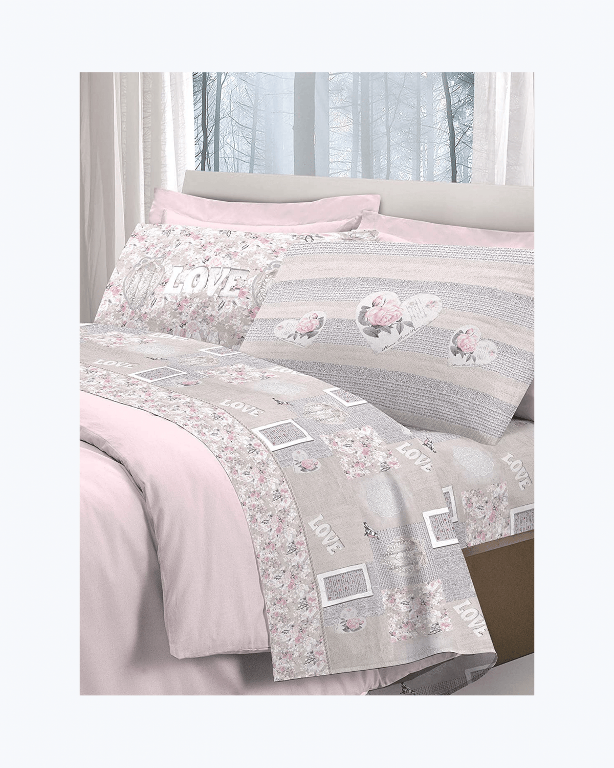Set Lenzuola Letto in Cotone Made in Italy - Completo Letto Stampa Cuori Rosa