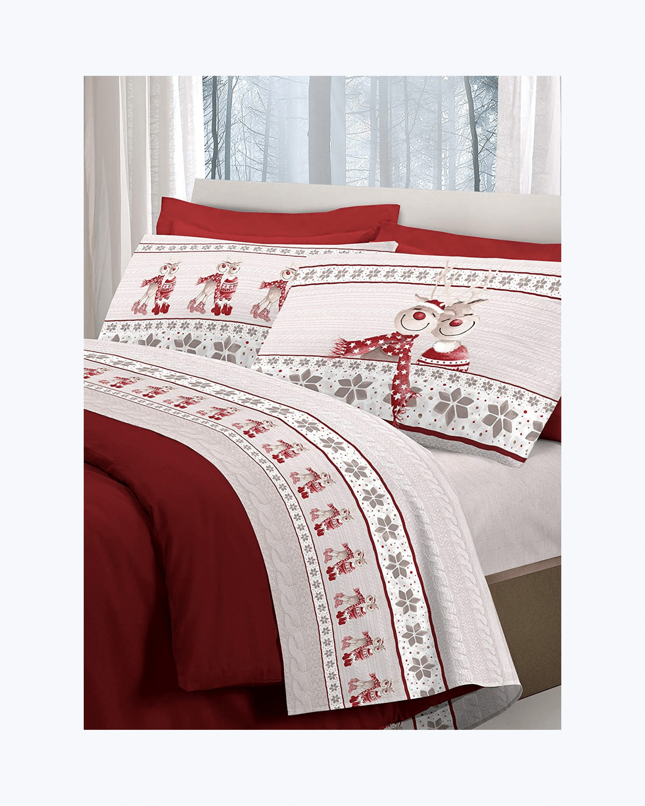 Set Lenzuola Letto in Cotone Made in Italy - Completo Letto Stampa Renna Rosso