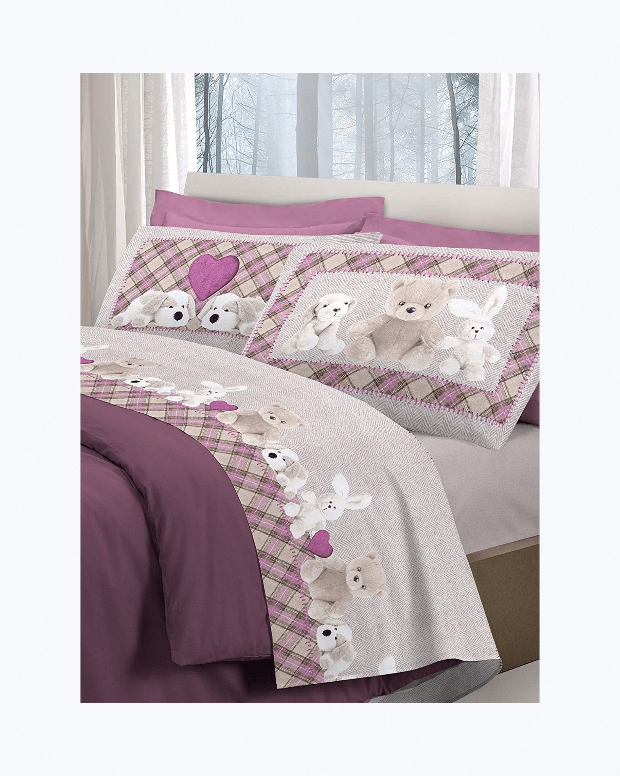 Set Lenzuola Letto in Cotone Made in Italy - Completo Letto Stampa Peluche Rosa