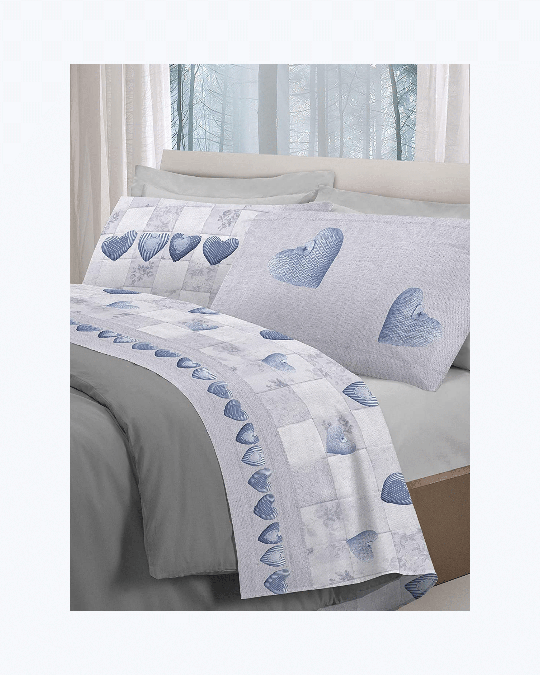 Set Lenzuola Letto in Cotone Made in Italy - Completo Letto Stampa Patchwork Blu