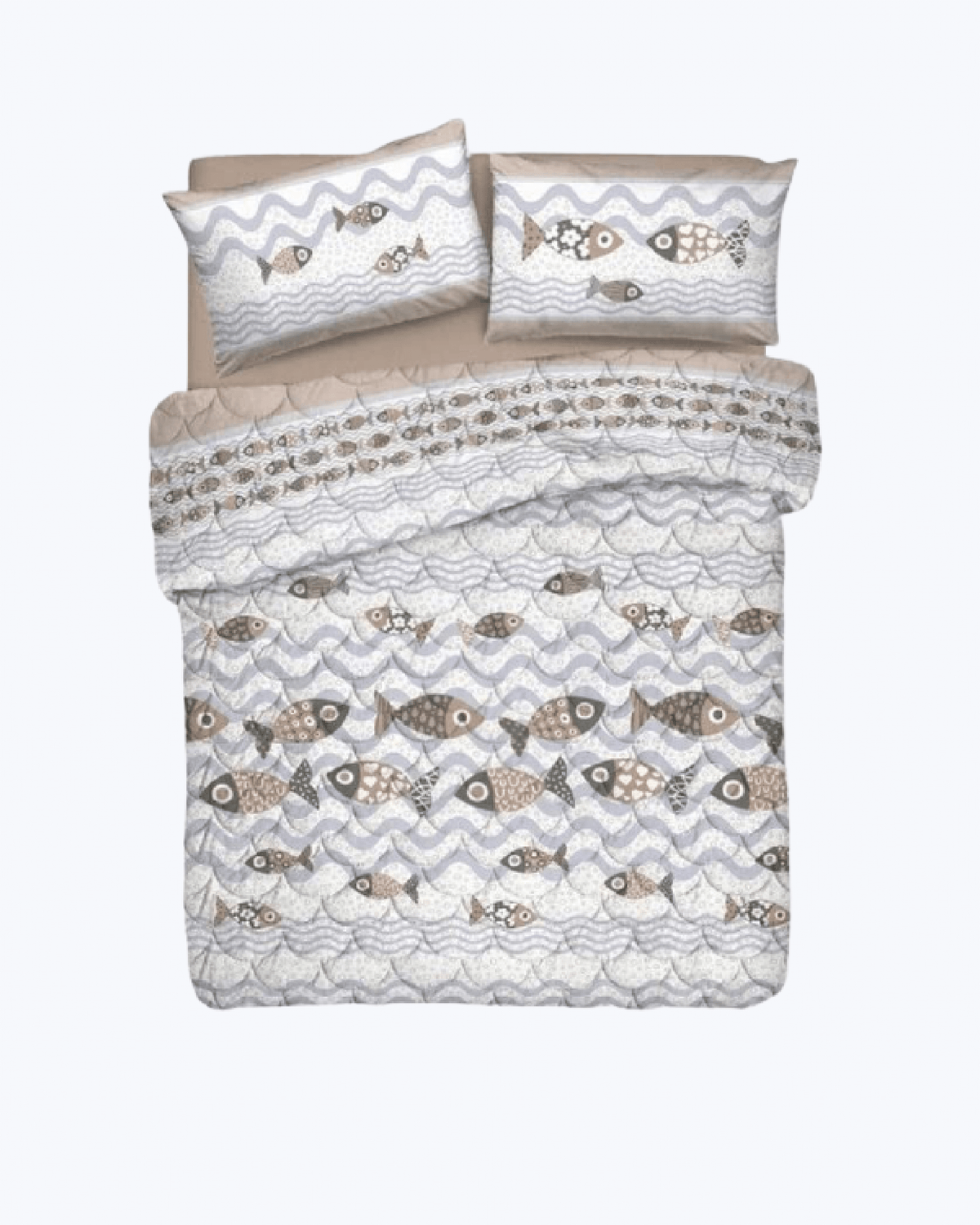 Copriletto Trapuntato Primaverile in Cotone: Fantasia Pesci Beige