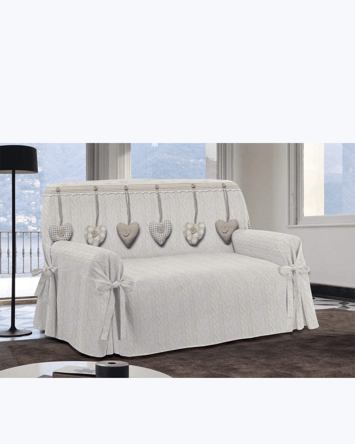 Copripoltrona/Copridivano con Laccetti Shabby con Cuori Made in Italy 1/2/3 posti - Fodera per Poltrona/Divano - Telo in Cotone per Copertura e Protezione da Polvere, Macchie ed Usura Beige
